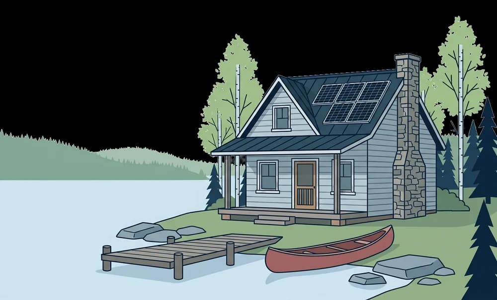 Un chalet d'été au bord d'un lac, six panneaux solaires sur le toit, un quai et un canot rouge